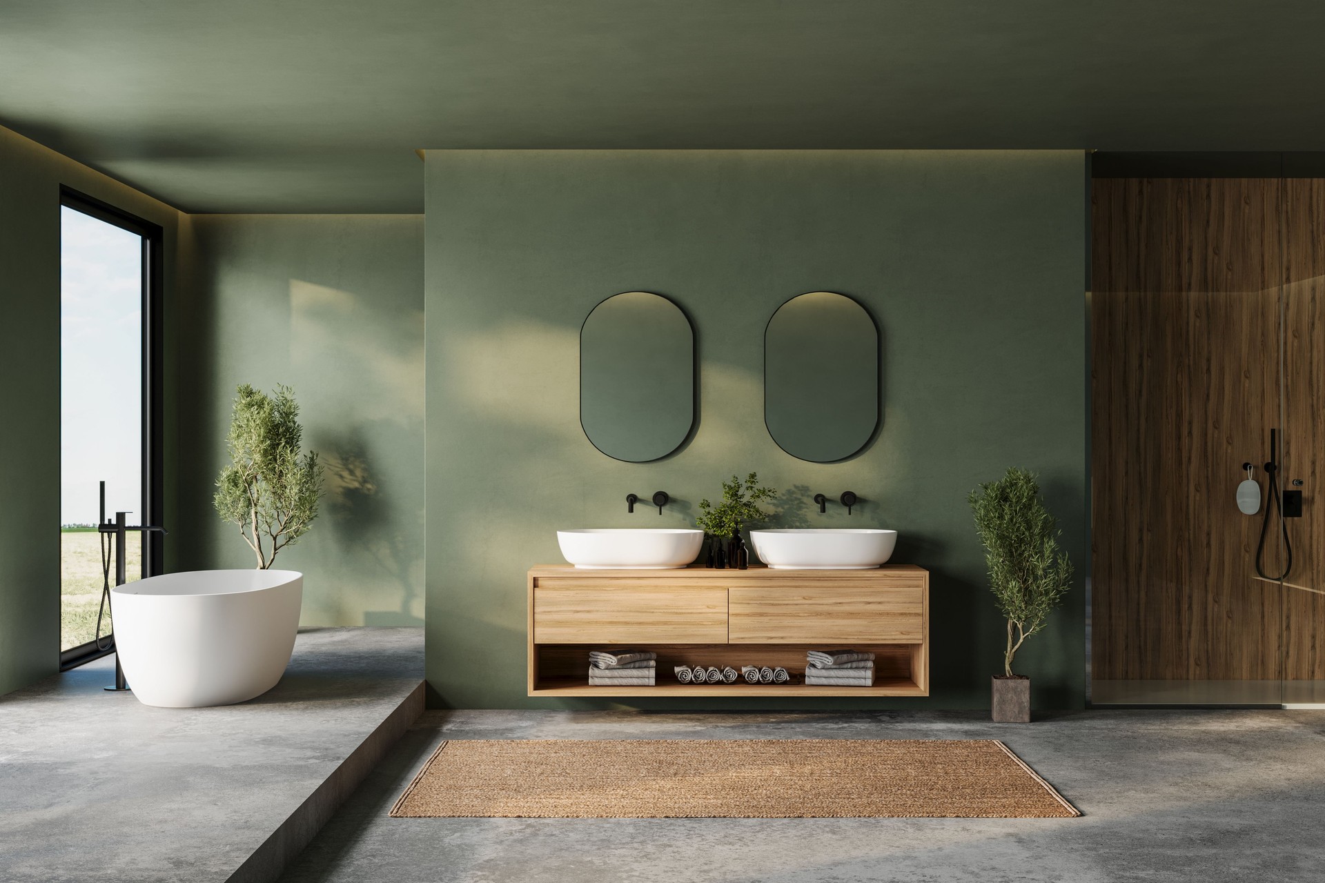 Contemporary bathroom with green walls, a floating wooden vanity, dual vessel sinks, and natural decor. Features a freestanding bathtub and large windows for abundant natural light. 3D Rendering.
