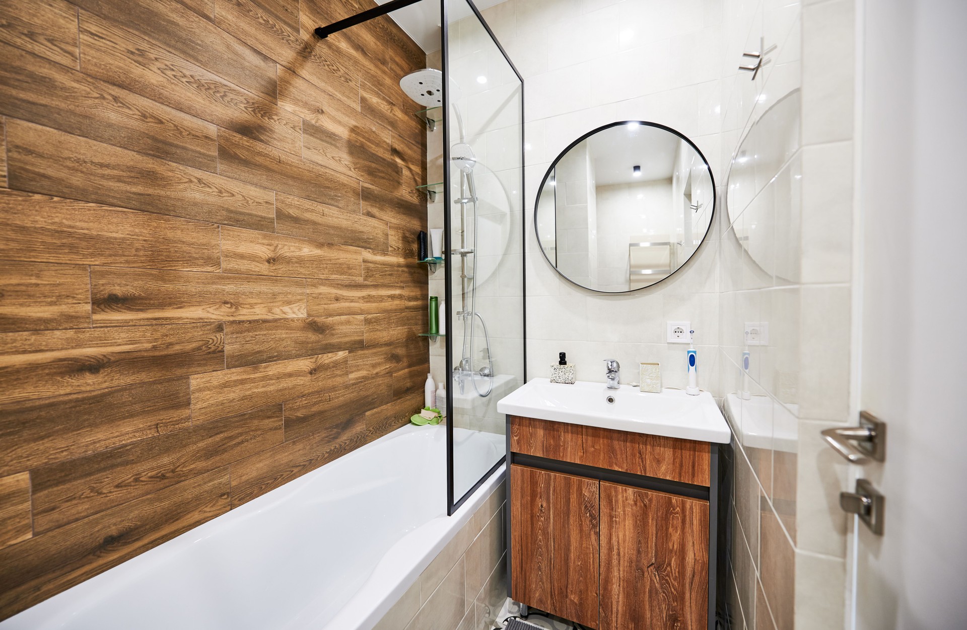 Interior of small bathroom in minimalist style.